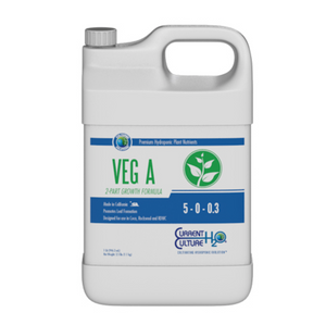 Current Culture's Cultured Solutions Veg A is the first part of a two-part system that combines all necessary macro and micronutrients in a pH stable, chelated form, ideal for high performance hydro and water culture applications. This product comes in a jug-like container with a blue and white label with green details.