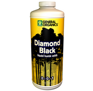 General Organics Diamond Black 0-0-1 Liquid humic acids. Diamond Black is a liquid extract of mined leonardite, a naturally occurring substance from prehistoric peat bogs. This product comes in a white cylindrical bottle, yellow label with black silhouette of trees.