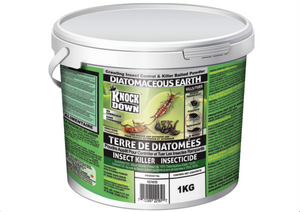 Diatomaceous Earth. Silicone dioxide. Diatomaceous Earth kills insects through internal and external cutting action, which also causes dehydration of insects. Diatomaceous Earth can be used as a dry powder or as a paste. This product comes in a short white tub with a green label. On the label are images of insects. 