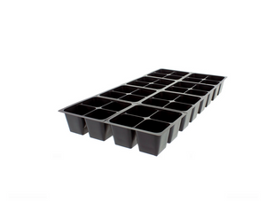 Dillen 804 Tray 32 Cells. This product is shot at a slight angle on a white background.  32 black plastic rectangular trays shot slightly overhead. 