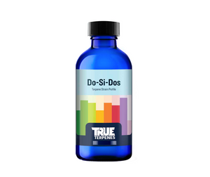True Terpenes Do-Si-Dos is a hybrid that’s fast-acting, potent, an indica dominant blend of Girl Scout Cookies and Face Off OG.  This product comes in a blue bottle. The label has various coloured rectangles on it. 