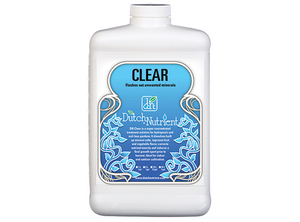 Dutch Nutrient Clear flushes out unwanted minerals, aiding in producing a sweeter, less harsh harvest by removing excess nutrients. This product comes in a white rectangular bottle with a gradient blue label in an art nouveau style. Accompanied by blue frost flower vines. 
