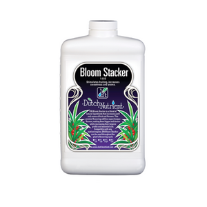 Dutch Nutrient Bloom Stacker is a blend of natural ingredients that increases the yield and aroma of fruits and flowers. This amazing flowering additive supercharges fruits and flowers, increasing their terpene profile and essential oils. This product comes in a white rectangular bottle with a black and purple gradient label in an art nouveau feel with a green plant with red berries.