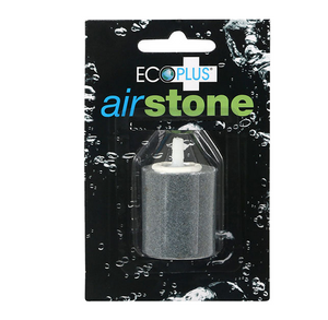 Ecoplus Air Stone Medium. These great quality air stones aerate and add oxygen to the water in your reservoir or grow system. Circulates nutrients into the water and helps to maintain an even water temperature. This product comes in a black package with water bubbles on it, the stone is gray in colour, cylindrical in shape with a white tip, short in stature.