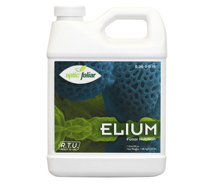 Optic Foliar Elium treats PM and boosts the plants overall health. This product comes in a white jug with a top handle. The label is blue and green with cell like images.