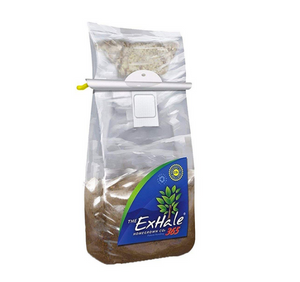 Exhale 365 C02 Bag. The ExHale 365 is designed to allow CO2 to be available where you need it and when you want it. With the same award winning genetics, you can be guaranteed your garden will have the CO2 it needs. This product comes in a clear bag with a blue label with a plant on it. The bag has a white plastic bar with a yellow clip.