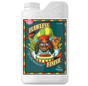 Advanced Nutrients Flawless Finish white rectangular bottle, a green label, yellow, green and red border, with a chef in a hat and glasses putting the final cherry on a cake.
