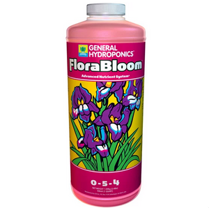 General Hydroponics FloraBloom (0-5-4) is part of a three part flora series. FloraBloom is added while a plant is fruiting and/or flowering. This product comes in a clear cylindrical bottle with a pink liquid, pink label, with a large image of purple flowers on a yellow background.