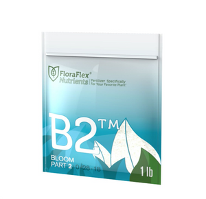 FloraFlex Nutrients B2 (1 lb) is part of a two part water soluble formula, providing essential nutrients needed for vigorous plant growth throughout the entire flowering stage. At lower dosages B1 and B2 can be used as a base along with other additives. This product is shown on an angle, in a blue and white  square package with white leaves in the right corner. 