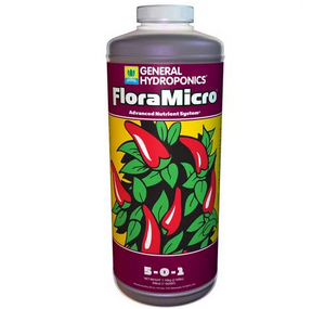 General Hydroponics FloraMicro (5-0-1) is part of a three part flora series. FloraMicro is used during a plant's growth and bloom cycles. This product comes in a clear cylindrical bottle with a burgundy coloured liquid, purple coloured label, with red peppers, green leaves on a yellow background. 