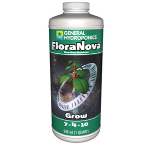 General Hydroponics 7-4-10 FloraNova represents a breakthrough in fertilizer technology. Combining the strength of a dry concentrate & the consistency of a liquid. FloraNova Grow stimulates vigorous roots, stems and foliage. Use from seedling through structural growth phases. This product comes in a white cylindrical bottle, green label, image of space, a silver circle with cutouts and a green plant growing out of the centre. 