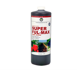 Hydrotech Super Ful-Max is a Liquid fulvic acid. Natural chelator and stabilizer. Biological food source and buffering agent. This product comes in a clear cylindrical bottle, the product is dark in colour, white lid, with a label that has an image of peppers, a field and grapes. 