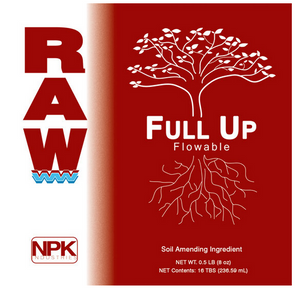 Raw Full Up works with all plant supplements to improve nutrient uptake throughout the growth and bloom stages of the plant. Raw Full Up contains humic acids to help your plants optimize nutrient absorption so they can grow large and healthy. This is a close up image of the label (red & white), it has an image of a tree “Full up flowable” text  in the centre with roots coming out the bottom. 