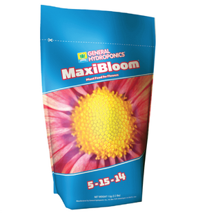 General Hydroponics MaxiBloom and MaxiGro make up Maxi Series, a duo of standalone, one-part powdered formulas with primary, secondary and micronutrients.  MaxiBloom (5-15-14) comes in a blue pouch with a close up of a pink flower. 