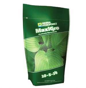 General Hydroponics MaxiGro  (10-5-14) is part of the Maxi series (MaxiBloom and MaxiGro), a duo of standalone, one-part powdered formulas with primary, secondary and micronutrients. This product comes in a green pouch with an image of green leaves in the centre. 