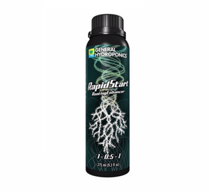 General Hydroponics RapidStart (1-0.5-1) is a plant nutrient used to promote root growth while enhancing plant vigor and yield. This product comes in a black cylindrical bottle with lid, image of swirls going down the bottle to meet white electric roots. 
