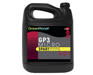 GreenPlanet GP3 Micro (5-0-1) is part of a 3 Part nutrient system. This unrivaled 3 part nutrient system consists of a combination of all primary, secondary and micronutrients in three separate formulas: Grow, Micro, and Bloom. This product comes in a black jug with a black, red and yellow label. 