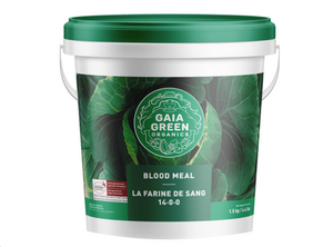 Gaia Green Blood Meal 14-0-0 is known for having the highest content of plant available nitrogen. Essential nutrients are released gradually over the season as the protein decomposes in the soil. This product comes in a white tub with a green lid with an image of cabbage leaves and the gaia green logo.