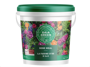 Gaia Green Bone Meal  (0-14-0) is a premium fertilizer for garden and nursery use. As a slow-release fertilizer, Gaia Green Bone Meal is primarily used as a source of phosphorus and calcium. This product comes in a white tub with a green lid with an image of flowers and the gaia green logo.