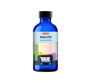 True Terpenes Gelato #33 Infused Strain Profile takes the balancing and soft fruitiness of Sunset Sherbet and Thin Mint Cookies strains and accents the mood with ultra smooth fruit mix. This product comes in a blue bottle. The label has various coloured rectangles on it. 