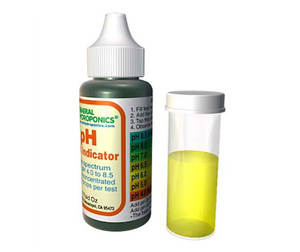 General Hydroponics pH Test Indicator comes in clear cylindrical bottle with a white dropper lid, product is green in colour, also comes with a clear cylindrical test jar with a white lid. Shown here with a yellow liquid inside. 