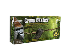 Grease Monkey Gloves 5 mil Biodegradable gloves. This product comes in a green box with an image of a gorilla holding a vine.