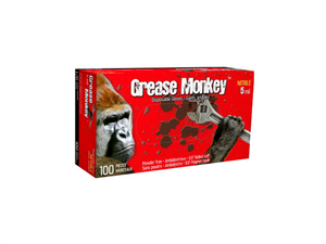 Grease Monkey Gloves 5 mil, Black nitrile, powder free, 5 mil thickness, 9.5” rolled cuff and CFIA approved. This product comes in a red box, with an image of a gorilla on the top left corner holding a monkey wrench on the top right. 