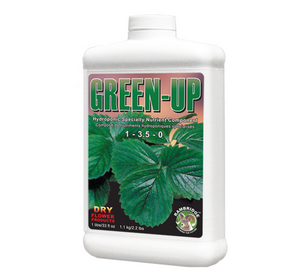 Dry Flower Products Green Up (1-3.5-0) is designed to reduce yellowing when cuttings are rooting. It has the ability to feed a cutting before the roots have developed. This product comes in a white rectangular bottle with green leaves on the label.