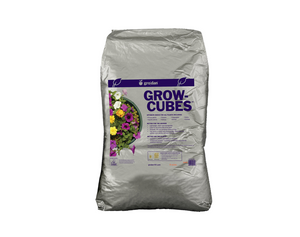 Grodan Grow Cubes come in a silver bag with purple lettering and a picture of flowers off to the left side of the bag. 