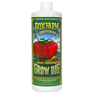 Fox Farm Grow Big 6-4-4 is potent, fast-acting, liquid concentrate fertilizer. It is formulated to encourage vigorous vegetative growth. When used as directed Grow Big will enhance plant size and structure allowing for more abundant fruit, flower and bud development. This product comes in a white cylindrical container with a green label, in the centre is a larger tomato in a field, with a small farmhouse. 