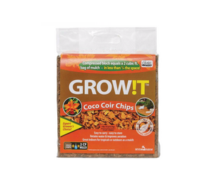 GROW!T Coco Coir Chips are organic coco coir planting chips to promote growth for tropical flowers and plants. This product comes in a clear bag, the label is brown, gold and orange with an image of coco chips in the centre.