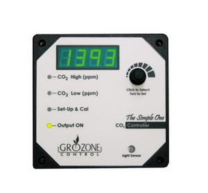 Grozone SCO2 The Simple One is an easy to use CO2 controller that determines precisely when to activate and shut-off CO2 generators to maintain user-defined LOW and HIGH CO2 values in the grow room. This product is square in shape, with black corners, a silver face, and a green digital dial.