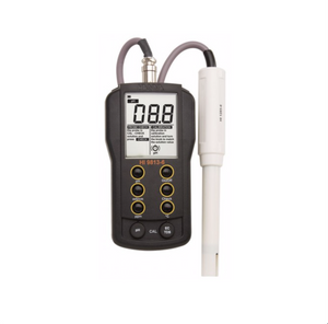 Hanna PH/EC/TDS/TEMP H19813-6 with Cal-Check Feature is a Portable pH/EC/TDS/Temperature Meter with CAL Check Feature is a versatile, water resistant, multipara meter portable instrument specifically designed for agricultural applications such as hydroponics, greenhouses, farming and nurseries. This product is black in colour with a clear face, two rows of black buttons down the centre and a white probe off to the right.