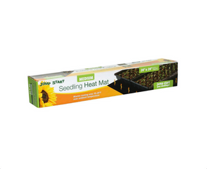 HydroFarm Heat Mat 20" x 20" is designed to help give seedlings a kick start in the rooting process. The strong heating wire and thick multi-layer construction offers more uniform heating and the durability to withstand rugged greenhouse environments. This product comes in a long rectangular slender box, with a sunflower on one corner and a heat mat with a tray hovering over it on the other side.