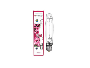 Hortilux 400w Super HPS lamp features exclusive Iwasaki chemistry and global lighting technology to deliver 55,000 initial lumens. The box is white and pink in colour, with a red border with pink flowers on the centre left side. The bulb is long and cylindrical in shape.