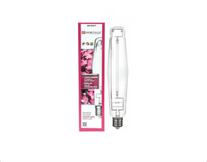 Hortilux 600w Super HPS lamp features exclusive Iwasaki chemistry and global lighting technology to deliver 88,000 initial lumens. The box is white and pink in colour, with a red border with pink flowers on the centre left side. The bulb is long and cylindrical in shape.