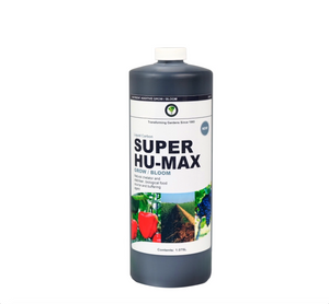 Hydrotech Super Hu-Max is a Liquid carbon. Natural chelator and stabilizer, biological food source and buffering agent. This product comes in a clear cylindrical bottle, the product is dark in colour, white lid, with a label that has an image of peppers, a field and grapes. 