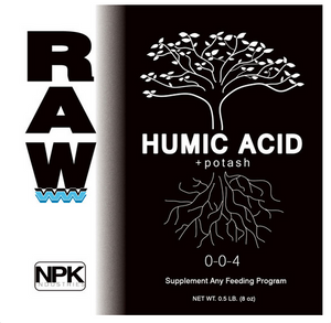 Raw Humic Acid (0-0-4) acts as a pH buffer to stabilize soil acidity and resist pH changes. Humic acid acts as a chelate, which means it helps convert nutrients into a form the plants can utilize. This is a close up image of the label (black & white), it has an image of a tree “Humic Acid + potash” text  in the centre with roots coming out the bottom.