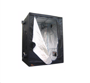 My Hydro Home Manhattan Grow Tent 4.3' x 4.3' x 7'. This product is square-like in shape, black exterior, silver interior shown slightly open in this image. 
