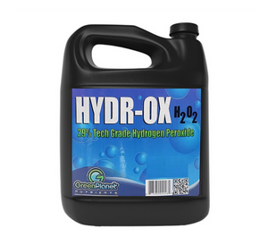 Hydr-Ox (H2o2) is a highly concentrated oxygen additive that promotes healthy plant growth and maintenance by sterilizing and suppressing diseases in your grow environment. This source of hydrogen peroxide 29% will keep your garden running at its optimal performance. This product comes in a black jug with a top handle, the label is blue with bubbles on it. 
