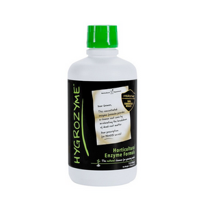 Hygrozyme is a Horticultural enzyme formula. This product comes in a white cylindrical container with a green lid. The label is black with green writing. 