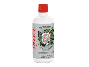 Hyshield helps boost your plants immune system. This product comes in a white cylindrical bottle with a red lid. The label is grey and white with a gold shield on top of a leaf with red writing.