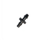 1/4” cylindrical black plastic straight connector barb with triangular prism like top, hexagonal centre and cylindrical bottom