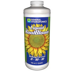 General Hydroponics KoolBloom 0-10-10 is a concentrated nutrient additive that promotes intense flowering and helps facilitate bulking and ripening in annual plants. This product comes in a white cylindrical bottle, green and blue label, with a yellow sunflower in the centre. 