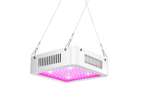 LED Grow Lights. This is an image of a square shaped light with vents on the side. The lights are emitting a pinkish glow and are held up by 3 visible wires. 