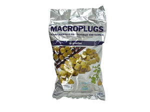 Grodan Macroplug (50 cubes per bag) comes in a silver bag with purple text,  images of the greenish circular plugs on the top left side of the bag and a small green plant on the bottom left. 