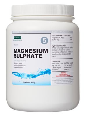 Hydrotech Hydroponics #5 Magnesium Sulphate, white cylindrical bottle with lid, bottle contains 800g.