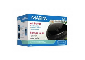 Marina Air Pump 100 has a single outlet, soft rubber feet which suppress vibration and it is ideal for aquariums or reservoirs 20 to 40 US gallons. This is a package shot, the box is on a slight angle, blue border and white interior, with an image of the black pump off to the right. 