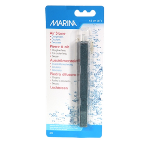 Marina 6” Air Stone is ideal for creating water movement. The Marina 6" Air Stone also increases surface agitation, accelerates oxygen replenishment and helps release carbon dioxide build-up. The product is shown in the package, the package is blue and white with bubbles and water on it, the airstone is grayish blue in colour. 