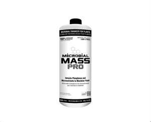 Miicrobial Mass Pro is a plant amendment product composed of several unique species of beneficial bacteria shown to promote plant vigor, increase plant biomass, and enhance microbial life in and around the root zone. Miicrobial Mass Pro offers a higher concentration per volume appropriate for larger gardens. This product comes in a white cylindrical bottle with a white label with black text and an image of a chemical structure made up of octagonal shapes. 